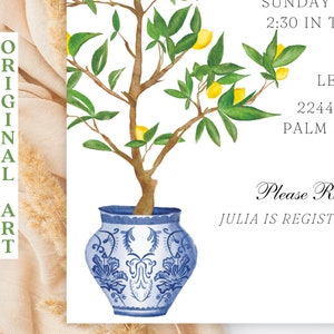 May include: A watercolour illustration of a lemon tree in a blue and white decorative vase. The tree has green leaves and yellow lemons. Text on the right side of the image includes event details and a request to RSVP.