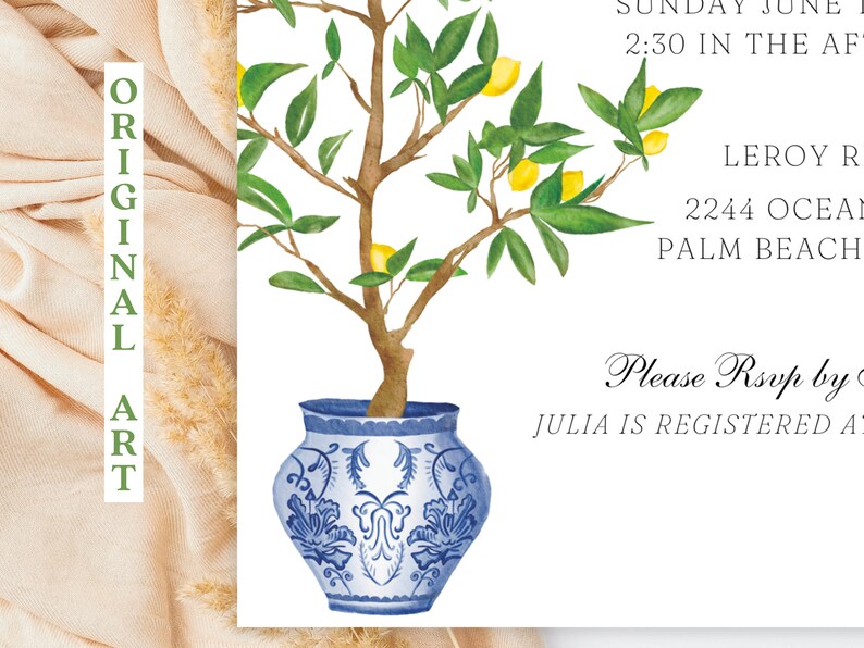 May include: A watercolour illustration of a lemon tree in a blue and white decorative vase. The tree has green leaves and yellow lemons. Text on the right side of the image includes event details and a request to RSVP.