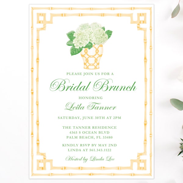 Grandmillennial Orange ginger jar and bamboo border with white hydrangea invitation ,  Chinoiserie Bridal Ginger Jar | Print Download Bridal