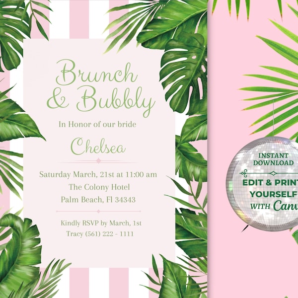 Tropical striped Pink Bridal Palm Leaves Printable Invitation | Palm Beach Invitation Palm Springs Bridal Beverly Hills Invitation Pink