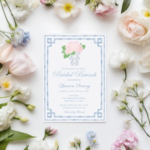 Grandmillennial Blue Ginger Jar Invitation | Pink hydrangea Invitation| Chinoiserie Blue Bamboo Bridal | Ginger Jar Shower Digital Download