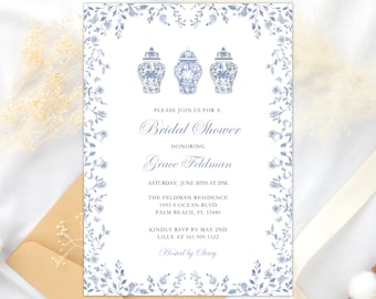 French Toile Chinoiserie Ginger Jar invitation - Ginger Jar Invitation - Chinoiserie invitation - Garden Party - Bridal Shower Chinoiserie