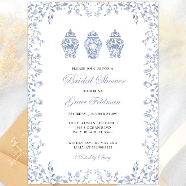 French Toile Chinoiserie Ginger Jar invitation - Ginger Jar Invitation - Chinoiserie invitation - Garden Party - Bridal Shower Chinoiserie