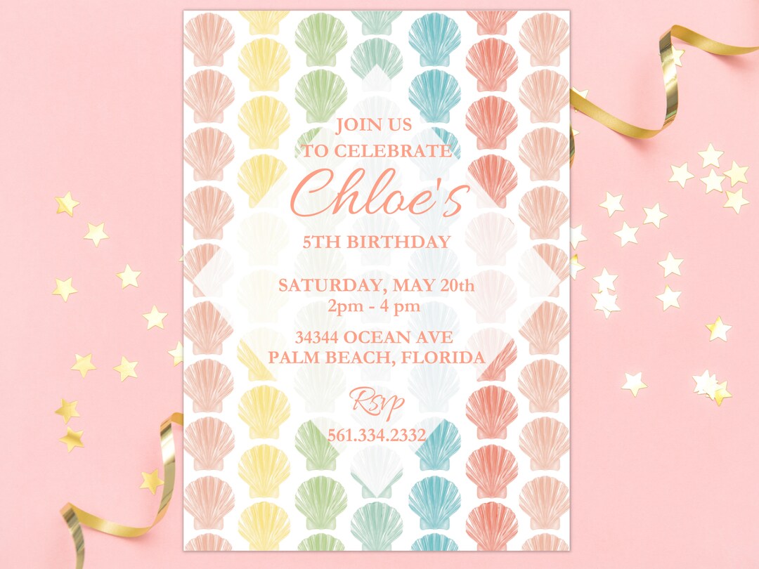 Shells Rainbow Party Invitation Beach Printable Baby Shell Party Sea ...