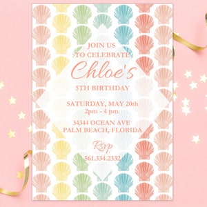 Shells rainbow party Invitation beach Printable baby Shell Party Sea Themed Birthday shells rainbow invitation template seashell party print