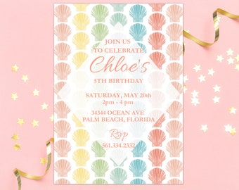 Shells rainbow party Invitation beach Printable baby Shell Party Sea Themed Birthday shells rainbow invitation template seashell party print