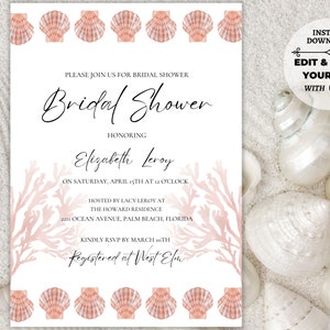 Invitation plage coquillage douche nuptiale Invitation sur le thème de l&#39;océan orange côtière Invitation côtière pêche coquillage modifiable nuptiale imprimable