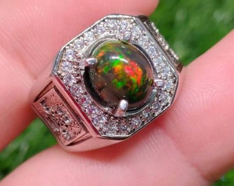 Natural Fire Black Opal Stone Ring Genuine Black Fire Opal Stone Ring