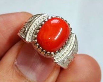 Natural Red Coral (Marjaan) Gemstone Ring in 925 Silver