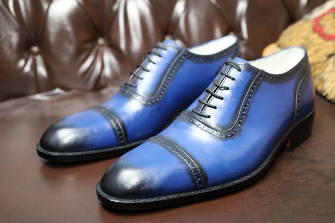 Men's Handmade Blue and Red Shoe, Men's Dress up Offical Wear Shoe