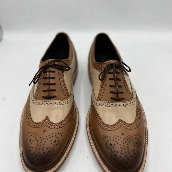 Oxford three tone shoe, Men's Handmade Brown and cream Leather oxford brogue shoe, Men's Dress up official wear shoe, Leather shoes,