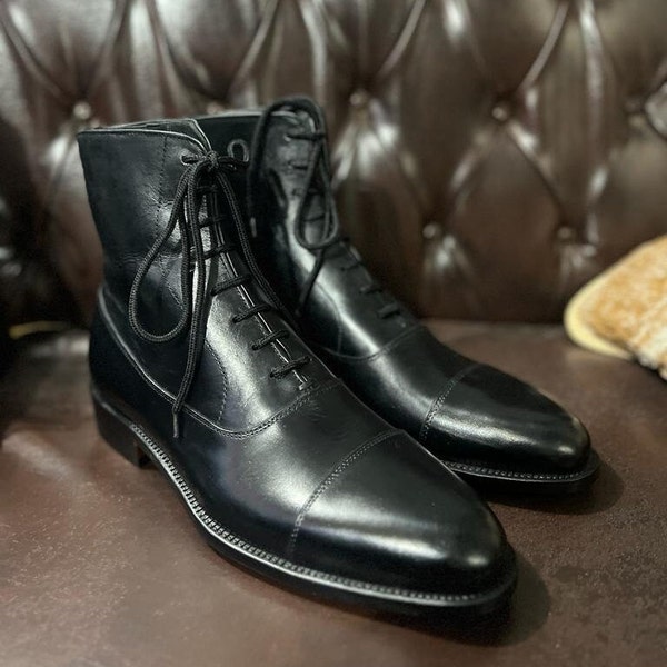 Men's HANDMADE black leather jodhpur boot. Men's Goodyear welted dress up boot. Men's round strap boot