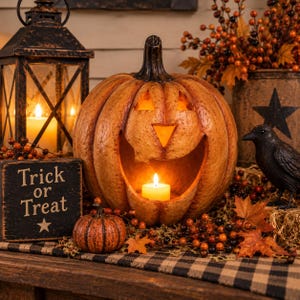May include: A carved orange pumpkin lantern with a wide smiling face, illuminated by a small white candle. Beside it sits a black lantern, a small striped pumpkin, a black crow figurine, and a sign with the text Trick or Treat.