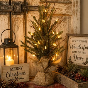 May include: A small artificial evergreen tree with warm white string lights, wrapped in a burlap base. The tree is surrounded by a black metal lantern, a wooden sign reading Merry Christmas, and a wooden crate filled with pinecones and red berries.
