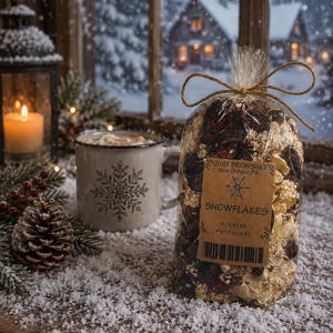 May include: A clear plastic bag filled with dried botanicals, including dark red berries and light-colored dried flowers. A tan label reads: Just Browsing, New Oxford, PA, SNOWFLAKES, SCENTED POTPOURRI, with a snowflake icon and a barcode at the bottom.