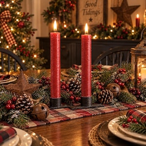 May include: Two tall, textured red taper candles stand in black metal holders on a table runner. The candles are lit, casting a warm glow. They are surrounded by a festive arrangement of pine branches, pinecones, red berries, and metal bells.