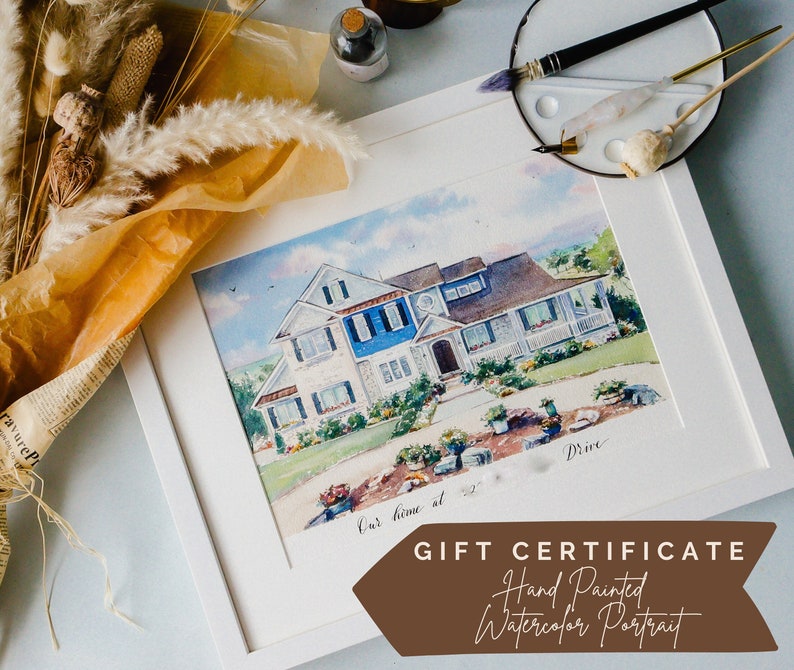 Gift Certificate Gift Card for a HAND PAINTED Watercolor House Painting or Wedding Portrait Christmas Gift Voucher Personalized Gift image 1