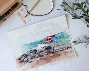 Custom Giclee PRINT of the Original Watercolor Painting - Puerto Rico San Juan Beach,  Ocean Sketch Wall Art PR Condado Christmas Gift