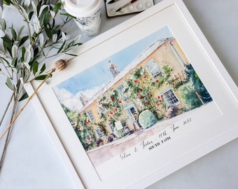 Custom Giclee PRINT of the Original Watercolor Wedding Venue Painting - South Farm, Fen Rd, Shingay-cum-Wendy, Royston, UK | Wedding Gift