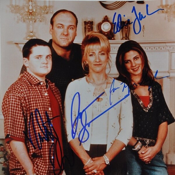 THE SOPRANOS CAST Signed Photo x4- James Gandolfini, Edie Falco, Robert Iler, Jamie Lynn Sigler w/coa