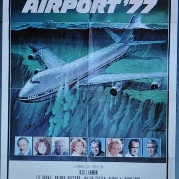 AIRPORT '77 CAST Signed Poster X4 - J. Stewart, J. Lemmon, G. Kennedy, O. DeHavilland