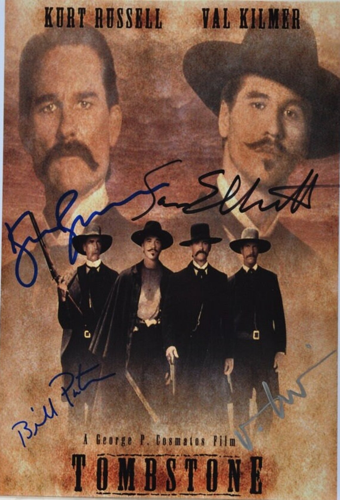 TOMBSTONE Cast Signed Photo X4 – Kurt Russell, Val Kilmer, Sam Elliott