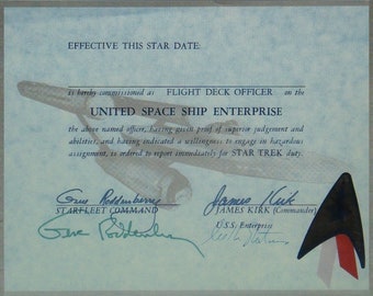 GENE RODDENBERRY & William SHATNER Signed Star Trek Certificate 10.5”x 8.25” w/coa