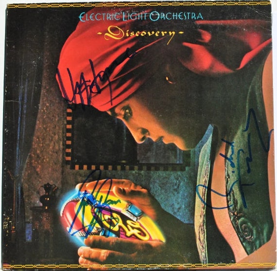 ELO - DISCOVERY SIGNED Album Cover X3 - Jeff Lynne, Bev Bevon