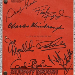 May include: A red script cover for the television show "Murphy Brown". The cover has the Warner Bros. Television logo and the title of the episode "It's How You Play the Game". The cover is signed by several people, including the show's creator, Charles Kimbrough, and the show's star, Candice Bergen.