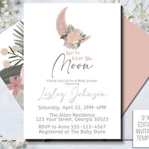 Editable Over the Moon Baby Shower Invitation, Celestial Baby Shower, To the Moon and Back Invite, Printable Invitation, Girl Baby Shower