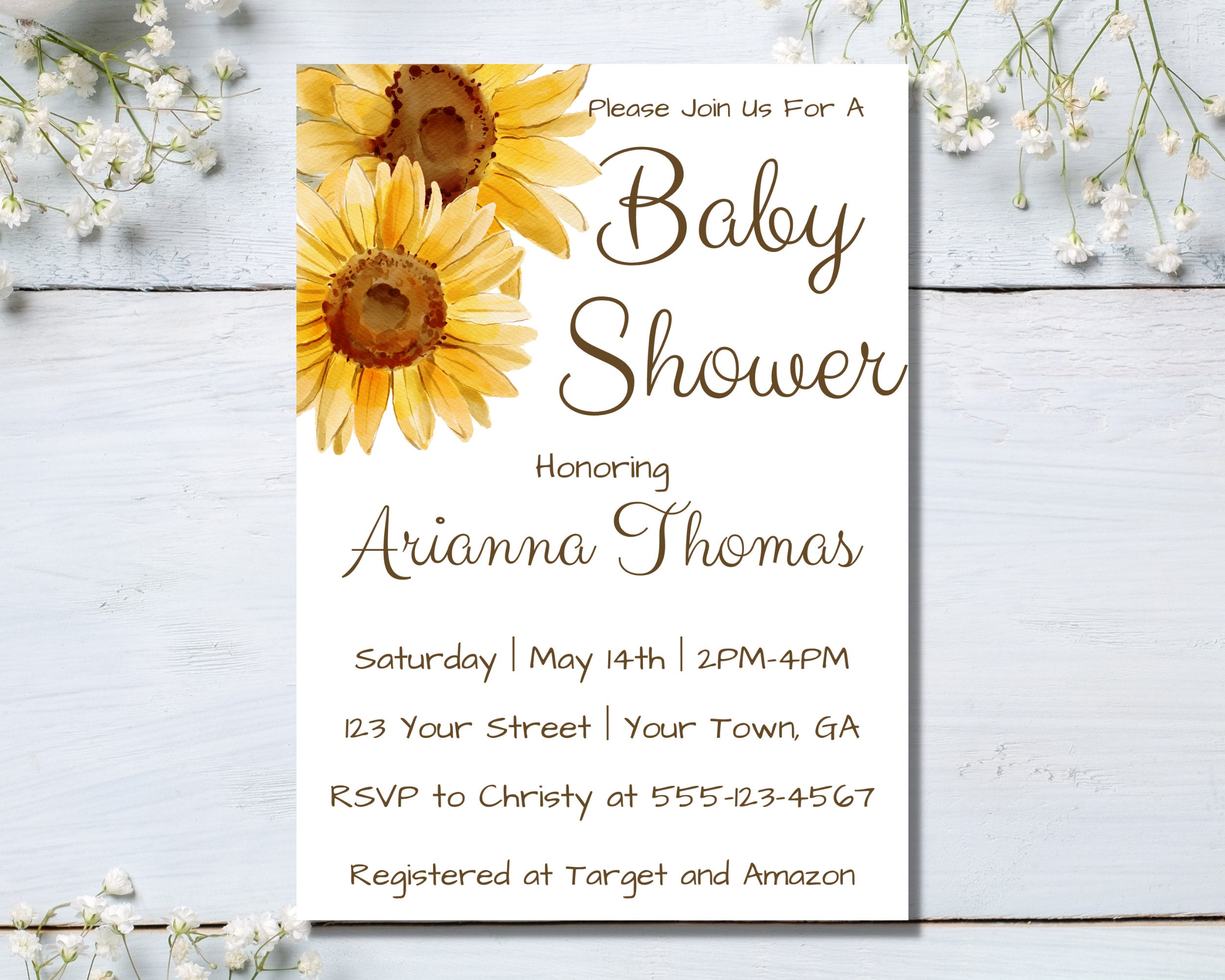 Editable Sunflower Baby Shower Invitation, Girl Rustic Sunflower Baby