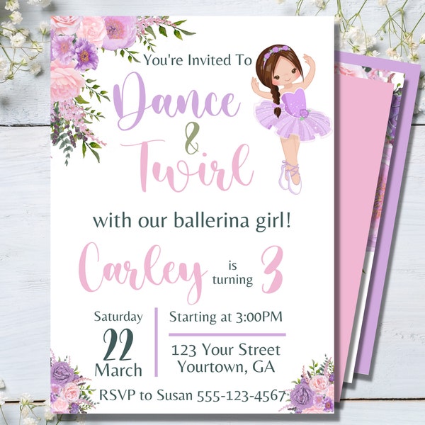 EDITABLE Ballerina Birthday Invitation, Ballet Birthday Party, Dance Party Invitation, Twirl and Spin Birthday, Pink and Purple Ballerina