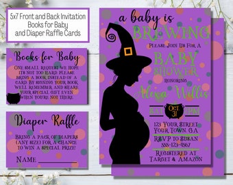 May include: Purple invitation for a baby shower with a witch silhouette and the text "a baby is brewing". The invitation includes the date, time, and location of the shower, as well as the name of the guest of honor, Alexa Willis. The invitation also includes the text "Please join us for a baby shower honoring Alexa Willis".
