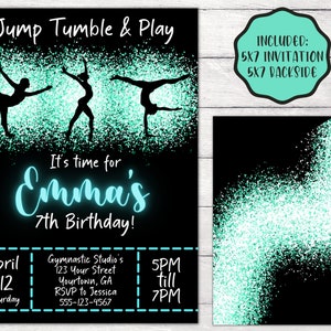 Jump Tumble & Play Gymnastics Birthday Party Einladung editierbare Vorlage, Mädchen Regenbogen Gymnastik Thema Geburtstag einladen Instant Download