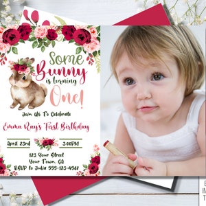 Editable Bunny 1st Birthday Invitation, Easter Birthday Party, Some Bunny Birthday
