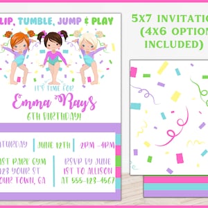 Jump Tumble & Play Gymnastics Birthday Party Invitation Editable Template, Girls Rainbow Gymnastics Theme Birthday Invite Instant Download