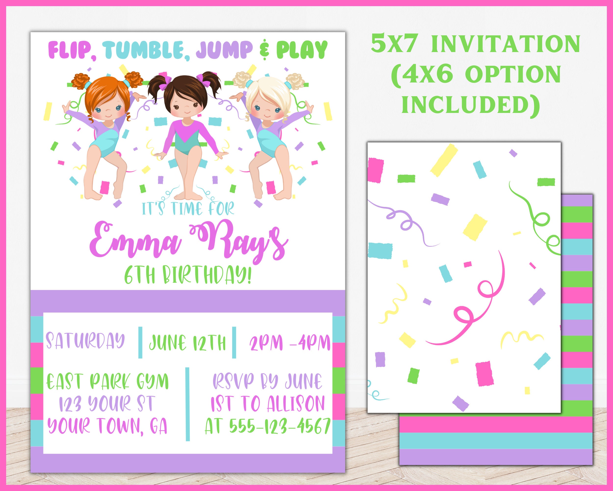 Jump Tumble & Play Gymnastics Birthday Party Invitation Editable Template, Girls Rainbow Gymnastics Theme Birthday Invite Instant Download