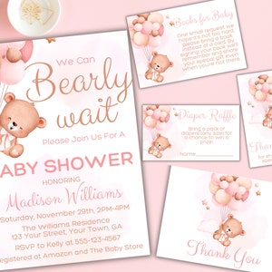 Editable Brown Bear Balloon Baby Shower Invitation Bundle, We Can Bearly Wait Baby Shower Invite, Pink Boho Bear Girl Baby Shower
