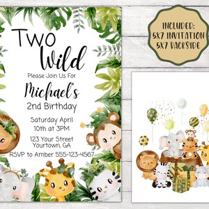 Bearbeitbare Zwei wilde Safari Geburtstagseinladung, Dschungel Thema 2.Geburtstagsparty