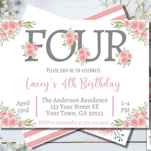 Editable Blush Pink Floral Baby’s Fourth Birthday Party Invitation, Printable Baby 4th Birthday Invitation Template, Girl, One