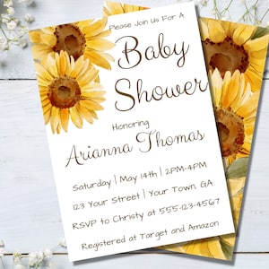 Bearbeitbare Sonnenblumen-Babyparty-Einladung, Mädchen-rustikale Sonnenblumen-Babyparty-Einladung, Boho-Sonnenblumen-Babyparty-Einladung, Herbst-Babyparty-Einladung