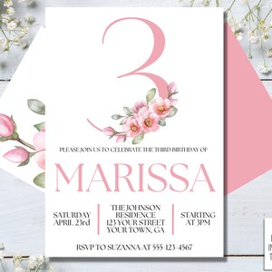 Editable Blush Pink Floral Baby’s Third Birthday Party Invitation, Printable Baby 3rd Birthday Invitation Template, Girl, One