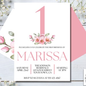 Editable Blush Pink Floral Baby’s First Birthday Party Invitation, Printable Baby 1st Birthday Invitation Template, Girl, One
