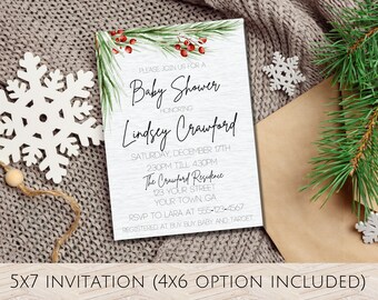 May include: A white baby shower invitation with a watercolor illustration of a pine branch with red berries. The text reads "Please join us for a Baby Shower honoring Lindsey Crawford Saturday, December 17th 2:30pm till 4:30pm The Crawford Residence 123 Your Street Your Town GA RSVP to Lara at 555-123-4567 Registered at Buy Buy Baby and Target 5x7 Invitation (4x6 option included)"