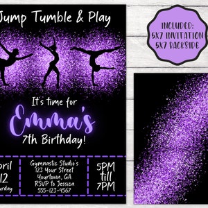 Jump Tumble & Play Gymnastics Birthday Party Invitation Editable Template, Girls Rainbow Gymnastics Theme Birthday Invite Instant Download