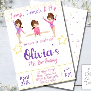 Jump Tumble & Play Gymnastics Birthday Party Invitation, Editable Template, Girls Rainbow Gymnastics Theme Birthday Invite, Instant Download