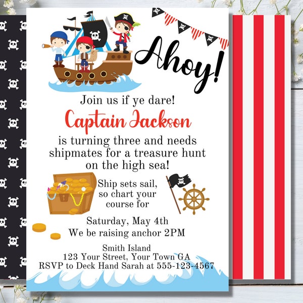 Editable Pirate Invitation, Pirate Birthday Invitation, Ahoy Matey, Pirate Invitation Template, Captain Pirate