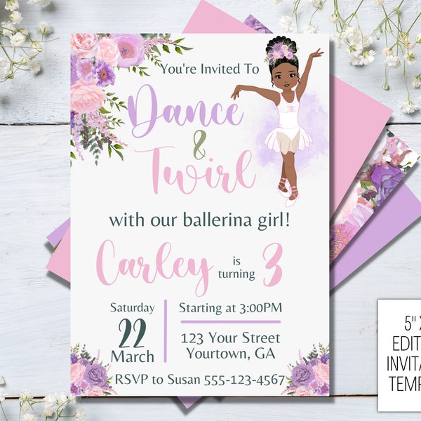 EDITABLE Ballerina Birthday Invitation, Ballet Birthday Party, Dance Party Invitation, Twirl and Spin Birthday, Pink and Purple Ballerina