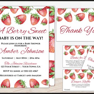 Editable Strawberry Baby Shower Invitation Bundle, Red Strawberry Baby Shower Invite, Berry Sweet Baby Shower Invitation Template, DDBA043