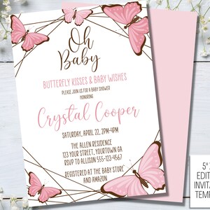 Editable Pink Butterfly Kisses and Baby Wishes Baby Shower Invitation, Girl Baby Shower Invitation